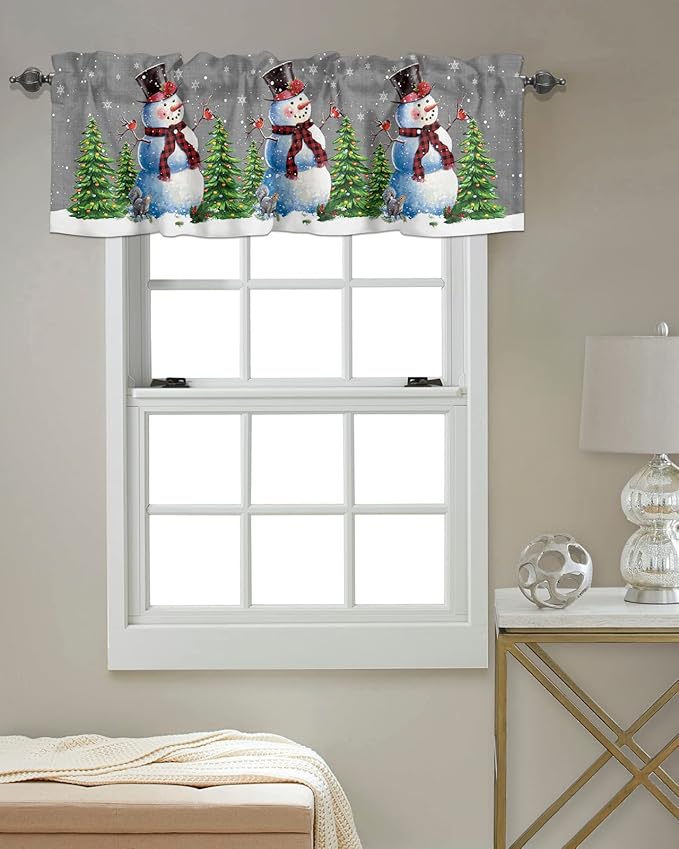 Christmas Snowman Kitchen Curtains Valances for Windows Winter Holidays Cardinal White Snowflake Rod Pocket Window Treatment for Kitchen /Living Room/Bedroom/ Bathroom,42" X 18" -1 Panel, Gray