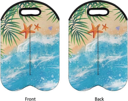 doginthehole 2 Bottle Wine Carrier Beach Theme Travel Insulated Wine Carrying Case Cooler Tote Bag Wine Bottle Holder Neoprene Champagne Bottle Protective Bag Wine Accessories Gift for Women Men