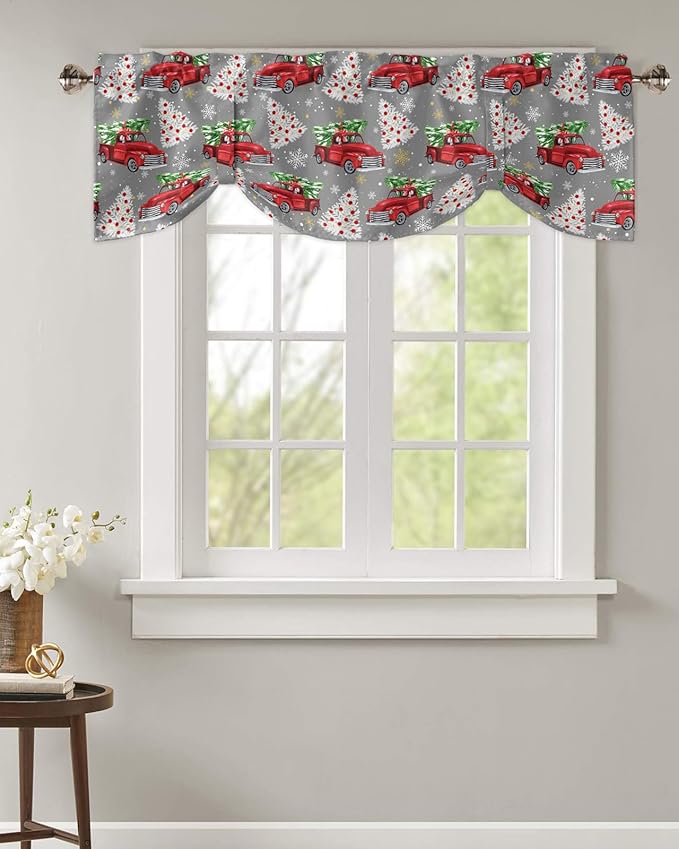 Red Truck Christmas Blackout Tie Up Valance Curtains for Kitchen Windows Merry Christmas Tree Window Toppers Balloon Shades for Living Room/Bathroom/Bedroom,1 Panel, 42" X 12", Winter Snowflake Grey