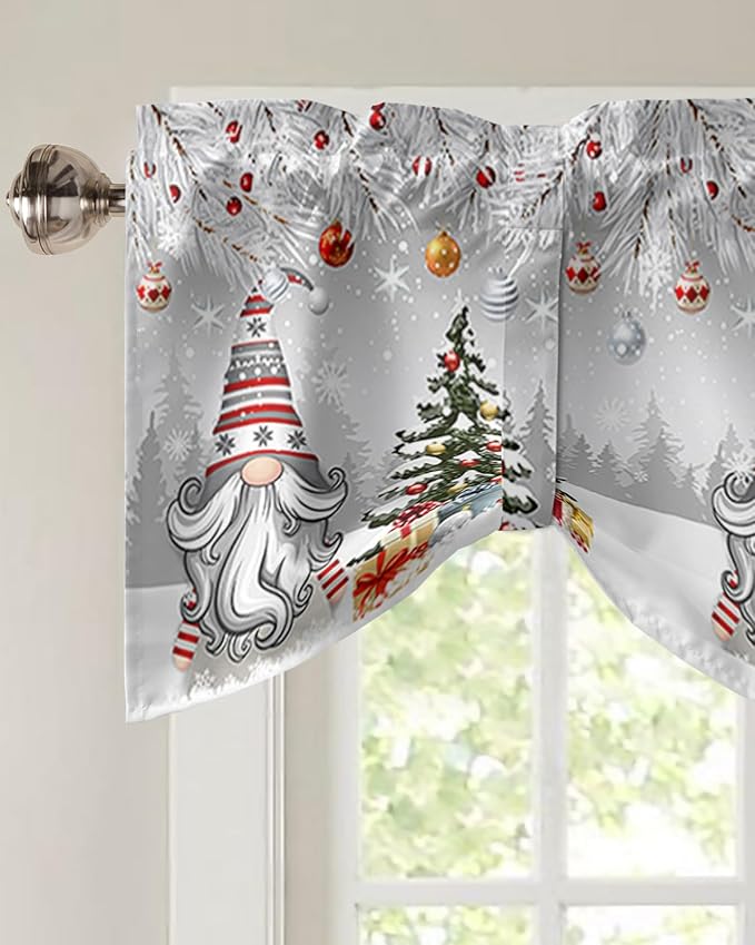 Christmas Gnome Blackout Tie Up Valance Curtains for Kitchen Windows Winter Merry Christmas Tree Balls Window Toppers Balloon Shades for Living Room/Bathroom/Bedroom,1 Panel, 42" X 12", Grey