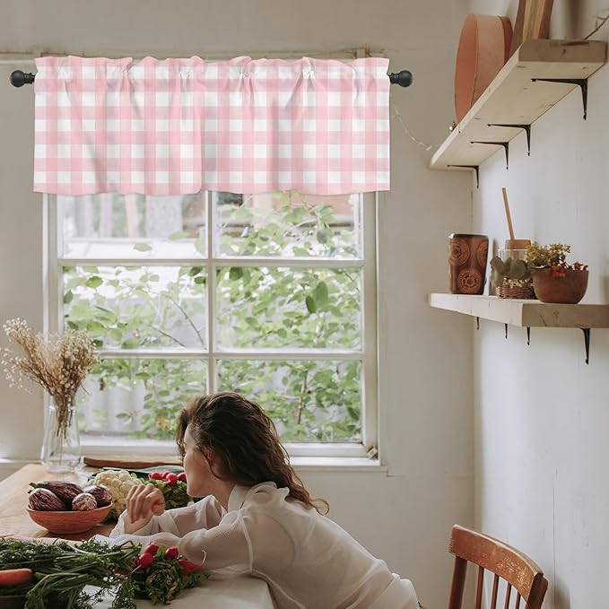 Christmas Valance Curtains for Kitchen Windows Rustic Pink White Buffalo Check Plaid Pattern Rod Pocket Window Treatment Toppers for Kitchen/Living Room/Bedroom/Bathroom, 54" X 18", Farmhouse