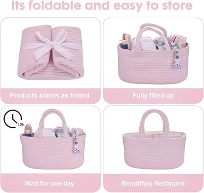 Baby Diaper Caddy Organizer for Girl Boy Rope Nursery Storage Bin Basket Portable Holder Tote Bag for Changing Table Car Travel Baby Shower Gifts Newborn Essentials Registry Must Have Items Pink