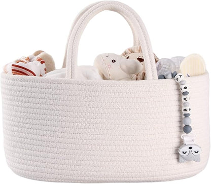 Baby Diaper Caddy Organizer for Girl Boy Cotton Rope Nursery Storage Bin Basket Portable Holder Tote Bag for Changing Table Car Travel Baby Shower Gifts Newborn Essentials Registry Must Haves White