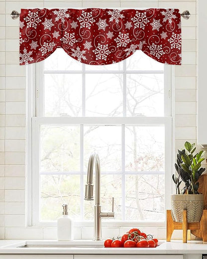 Christmas Blackout Tie Up Valance Curtains for Kitchen Windows Red White Snowflakes Pattern Window Toppers Balloon Shades for Living Room/Bathroom/Bedroom,1 Panel, 54" X 18", Winter