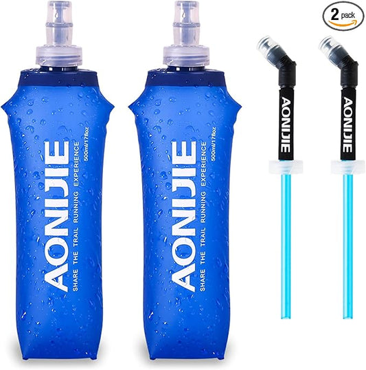 TRIWONDER Collapsible Water Bottles TPU Soft Flask Running Bottles BPA-Free Sports Flasks for Hiking Climbing Camping (500ml/16.91oz with Straws - Pack of 2)