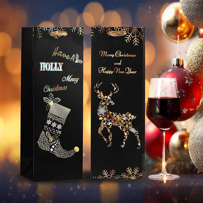 RAZKO Christmas Wine Gift Bags - Set of 12 - Gold Foil Wine Bags, 4 Christmas Patterns (5 x 14 x 3 in) -Heavy Duty Wine Gift Bags for Wine Bottles - Wine Bottle Gift Bags Bulk Black&Gold Color