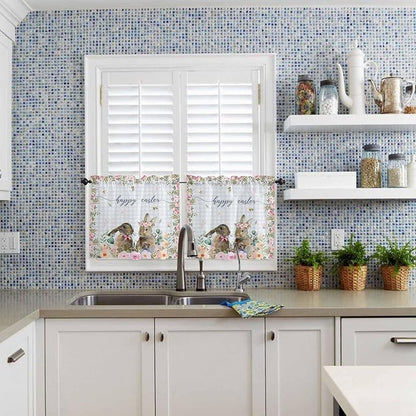 Rabbits Flowers Easter Kitchen Curtains and Valances Set,Eucalyptus Leaf Spring Summer Window Tiers Grey White Buffalo Plaid Half/Short Curtains for Small Windows Cafe /Living Room/ Bedroom 54x 36 in