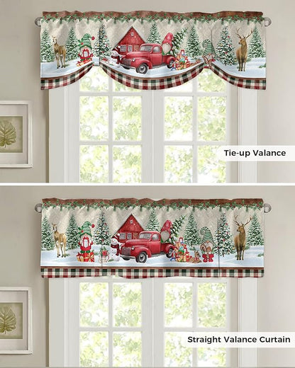 Christmas Farmhouse Blackout Tie Up Valance Curtains for Kitchen Windows Red Truck Gnomes Window Toppers Balloon Shades for Living Room/Bathroom/Bedroom,1 Panel,54" X 18" Winter Holiday Snowman