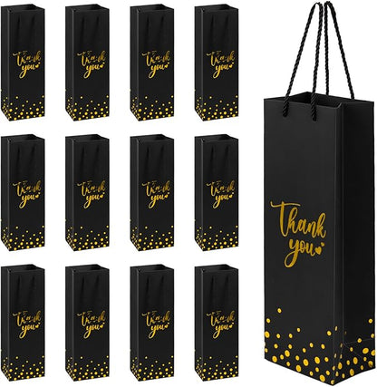 Ssyuysto 12 Pcs Wine Gift Bags for Wine Bottles Elegant Thank You Wine Gift Bags with Metallic Gold Foil Print Kraft Wine Gift Bags with Attractive Rope Handles for Wedding Bottle (Black)
