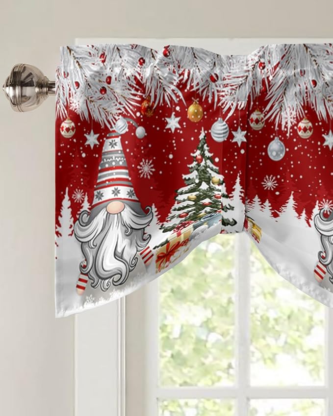 Christmas Gnome Blackout Tie Up Valance Curtains for Kitchen Windows Winter Merry Christmas Tree Balls Window Toppers Balloon Shades for Living Room/Bathroom/Bedroom,1 Panel, 60" X 18", Red
