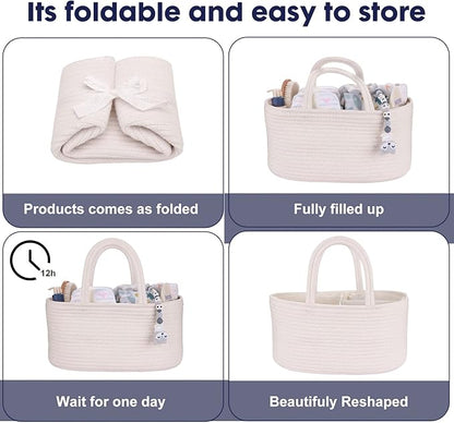 Baby Diaper Caddy Organizer for Girl Boy Cotton Rope Nursery Storage Bin Basket Portable Holder Tote Bag for Changing Table Car Travel Baby Shower Gifts Newborn Essentials Registry Must Haves White