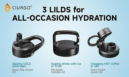 CIVAGO 32 oz Insulated Water Bottle With Straw, Stainless Steel Sports Water Cup Flask with 3 Lids (Straw, Spout and Handle Lid), Wide Mouth Travel Thermal Mug, Dark Night