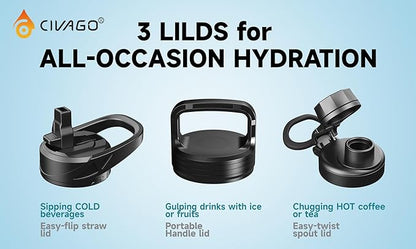CIVAGO 64 oz Insulated Water Bottle With Straw, Half Gallon Stainless Steel Sports Water Flask Jug with 3 Lids (Straw, Spout and Handle Lid), Large Metal Thermal Cup Mug, Midnight Black