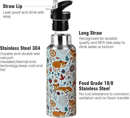 Cute Fox Animal Sport Water Bottle with Straw, Vacuum Insulated Stainless Steel Thermal Drinking Travel Mug Cups For Gym Fitness Camping-20oz/600ml, Orange