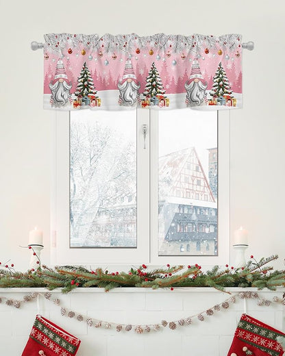 Christmas Gnome Valance Curtains for Kitchen Windows Winter Merry Christmas Tree Balls Rod Pocket Window Treatment Toppers for Kitchen/Living Room/Bedroom/Bathroom, 42" X 12", Pink