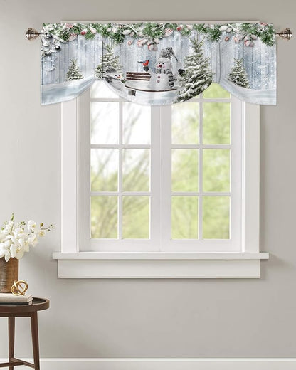 Merry Christmas Blackout Tie Up Valance Curtains for Kitchen Windows Xmas Snowman Snowy Pine Tree Window Toppers Balloon Shades for Living Room/Bathroom/Bedroom,1 Panel, 60" X 18", Blue Winter