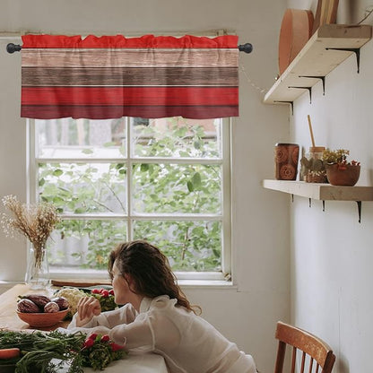 Farmhouse Kitchen Curtains Valances for Windows , Christmas Red Brown Rod Pocket Country Window Treatment for Kitchen /Living Room/Bedroom/ Bathroom,54" X 18" -1 Panel, Retro Rustic Barn Wood Texture
