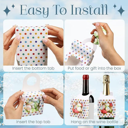 ISKYBOB 20PCS Wine Bottle Box with Window, Kraft Paper Wine Boxes for Gifts Hanging Treat Box Mini Charcuterie Candy Boxes Wine Champagne Bottles Gift Box Goodie Bags for Birthday Party, Colorful Dots