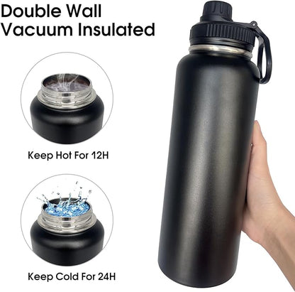 4pack 40 oz Insulated Water Bottle With Straw, Stainless Steel Sports Water Cup Flask with 2 Lids, Wide Mouth Travel Thermal Mug,Black