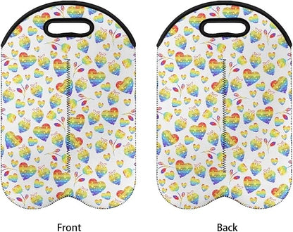 doginthehole 2 Bottle Wine Carrier Gift Bag Colorful Heart Print Neoprene Wine Tote Portable Champagne/Water Bottle/Beer/Drinks Carrying Bag for Travel, Picnic, Party