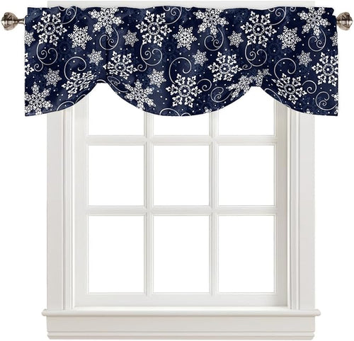 Christmas Blackout Tie Up Valance Curtains for Kitchen Windows White Navy Snowflakes Pattern Window Toppers Balloon Shades for Living Room/Bathroom/Bedroom,1 Panel, 60" X 18", Winter