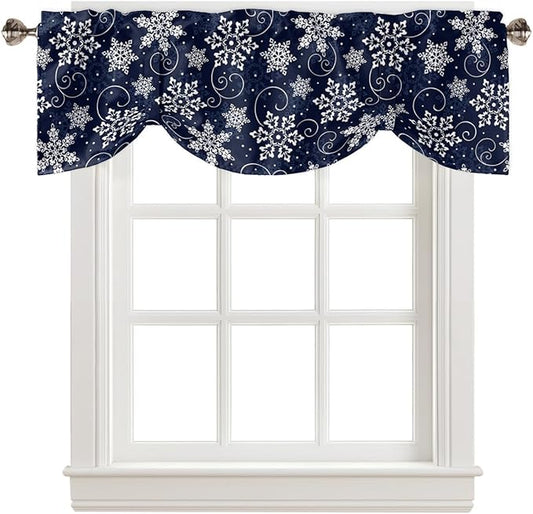 Christmas Blackout Tie Up Valance Curtains for Kitchen Windows White Navy Snowflakes Pattern Window Toppers Balloon Shades for Living Room/Bathroom/Bedroom,1 Panel, 60" X 18", Winter