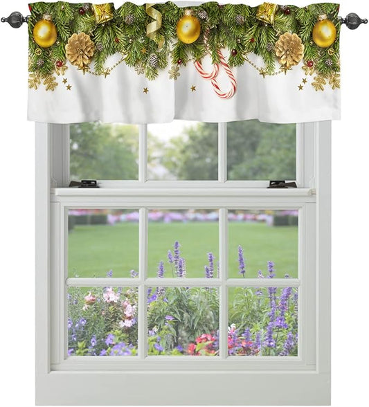 Christmas Kitchen Curtains Valances for Windows Pine Cones Rod Pocket Window Treatment for Kitchen/Living Room/Bedroom/Bathroom,42" X 18" -1 Panel, Golden Ornament Balls