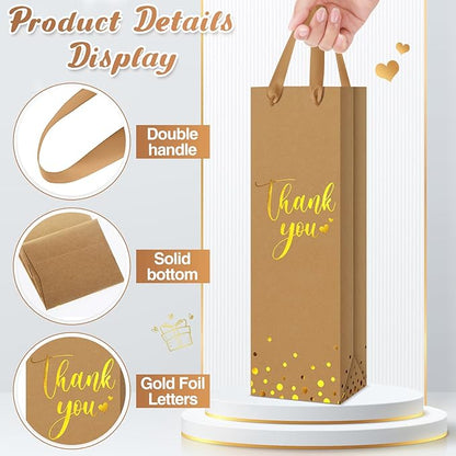 Ctosree 30 Pcs Wine Gift Bag for Wine Bottle Wedding Wine Thank You Gift Bag with Metallic Gold Foil Print Kraft Wine Paper Favor Bag with Attractive Rope Handle for Graduation Bottle(Brown)