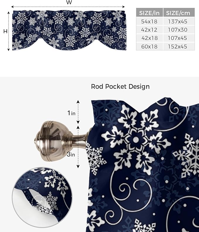 Christmas Blackout Tie Up Valance Curtains for Kitchen Windows White Navy Snowflakes Pattern Window Toppers Balloon Shades for Living Room/Bathroom/Bedroom,1 Panel, 60" X 18", Winter