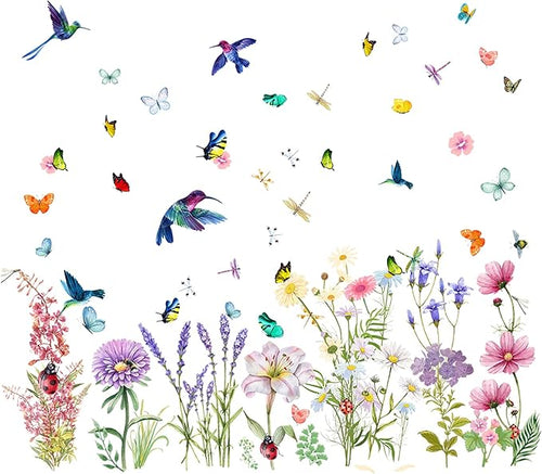 Garden Flower Wall Decals Window Clings, Narcissus Iris Florals Window Decals Peel and Stick, Green Leaves Wall Vinyl Decal, Butterfly Bouquet Wall Art Decor for Girls Bedroom Window Doors