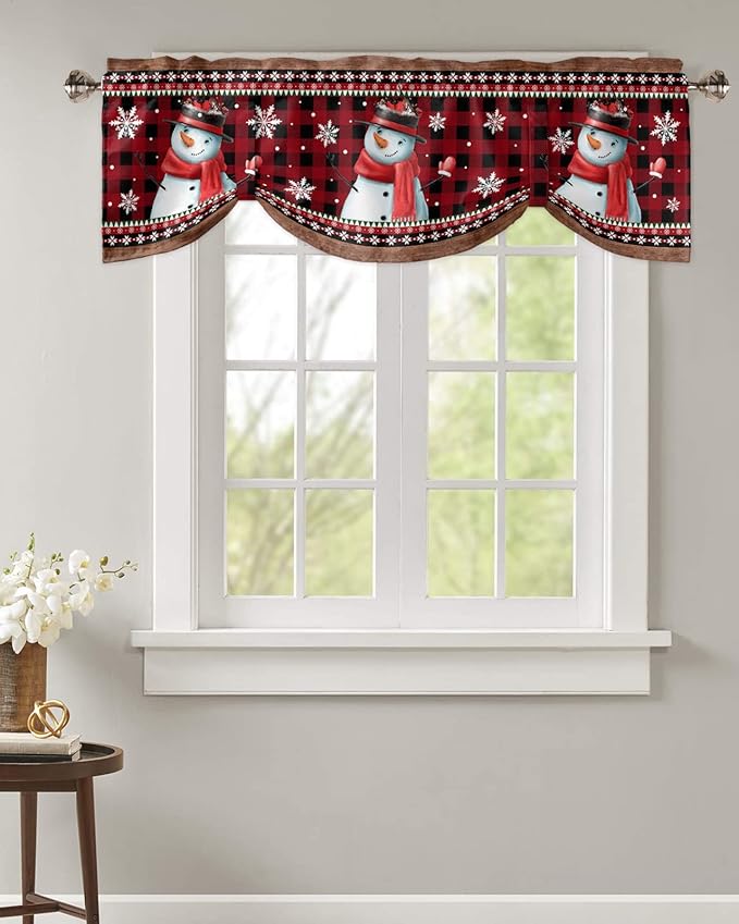 Christmas Blackout Tie Up Valance Curtains for Kitchen Windows Funny Snowman Snowflake Window Toppers Balloon Shades for Living Room/Bathroom/Bedroom,1 Panel,42" X 18" Red Farmhouse