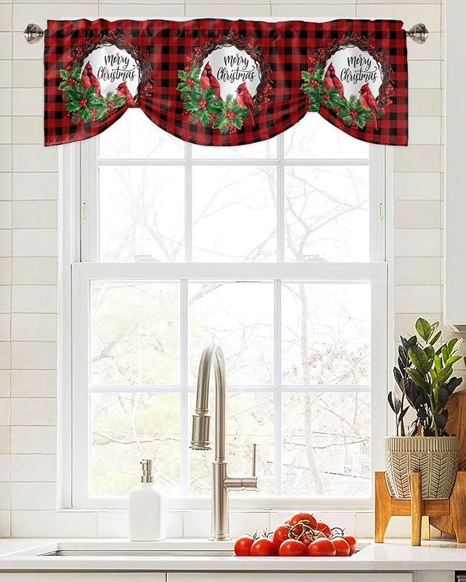 Merry Christmas Blackout Tie Up Valance Curtains for Kitchen Windows Winter Cardinal Holly Berries Window Toppers Balloon Shades for Living Room/Bathroom/Bedroom,1 Panel,42" X 12" Red Black Plaid