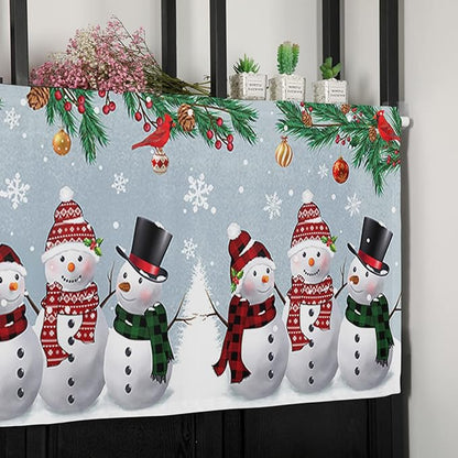 Christmas Kitchen Curtains Valances for Windows Snowman Cardinal Rod Pocket Window Treatment for Kitchen/Living Room/Bedroom/Bathroom,60" X 18" -1 Panel, Bluish Grey Winter Holiday