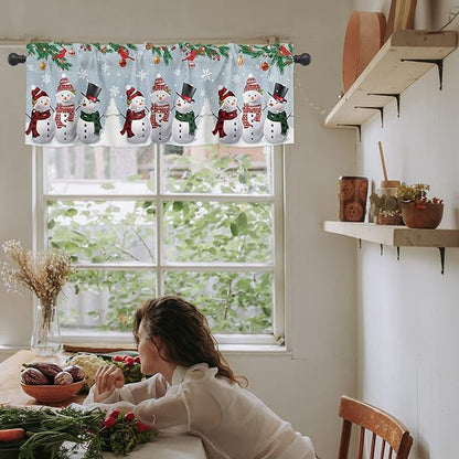Christmas Kitchen Curtains Valances for Windows Snowman Cardinal Rod Pocket Window Treatment for Kitchen/Living Room/Bedroom/Bathroom,60" X 18" -1 Panel, Bluish Grey Winter Holiday