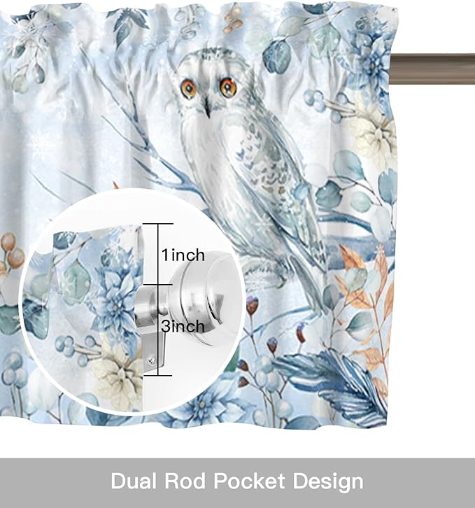 Blue Christmas Kitchen Curtains and Valances Set, Winter Snowy Owl Poinsettia Eucalyptus Leaves Windows Treatments Tiers Half/Short Curtains for Small Windows Cafe /Living Room/ Bedroom 54x24 in
