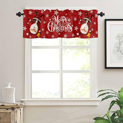 Red Merry Christmas Valance Curtains for Kitchen Windows Funny Hanging Santa Rod Pocket Window Treatment Toppers for Kitchen/Living Room/Bedroom/Bathroom, 54" X 18", Snow Winter Holiday