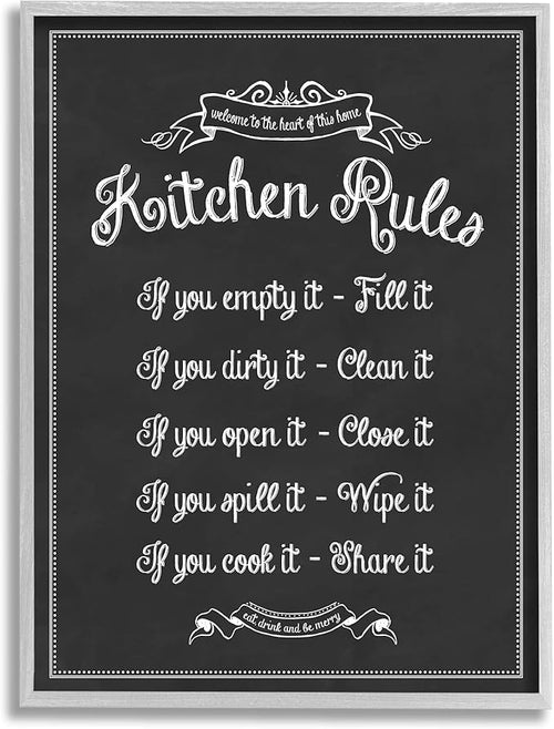 Stupell Industries Kitchen Rules Chalkboard Vintage Sign, Design by Lettered and Lined Gray Framed Wall Art, 24 x 30, Black