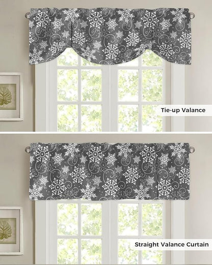 Christmas Blackout Tie Up Valance Curtains for Kitchen Windows Grey White Snowflakes Pattern Window Toppers Balloon Shades for Living Room/Bathroom/Bedroom,1 Panel, 54" X 18", Winter