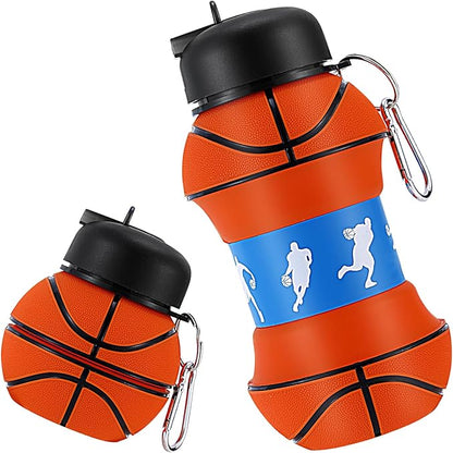 Kids Sports Collapsible Water Bottle | Ball Shaped Drinking Cup | Foldable BPA Free Leakproof Lightweight Silicon Jug | School Lunch Mug Team Gift Travel (Basketball Orange 550ml/18.6oz)