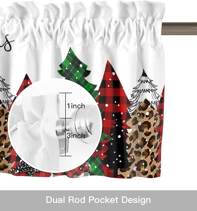 Merry Christmas Valance Curtains for Kitchen Windows Buffalo Plaid Xmas Tree Winter Forest Farmhouse Rod Pocket Window Treatment Toppers for Kitchen/Living Room/Bedroom/Bathroom, 60" X 18",Red Green