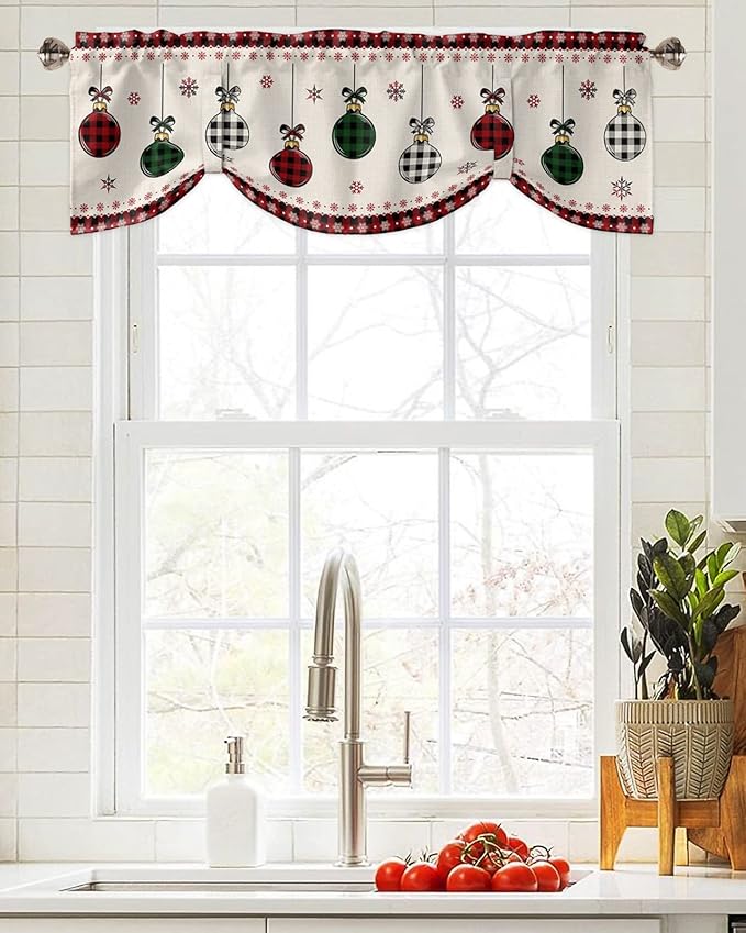 Christmas Blackout Tie Up Valance Curtains for Kitchen Windows Vintage Buffalo Plaid Christmas Balls Window Toppers Balloon Shades for Living Room/Bathroom/Bedroom,1 Panel,54" X 18" Farmhouse
