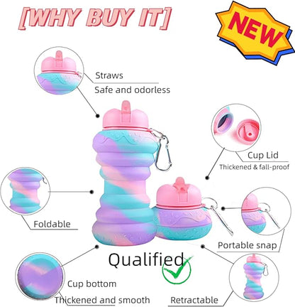 Collapsible Water Bottles，Foldable Sport Cups，Leak Proof Reusable Bpa Free Water Bottles，21oz Mixed Colors Design，for Outdoor, Travel Gym Hiking Pink
