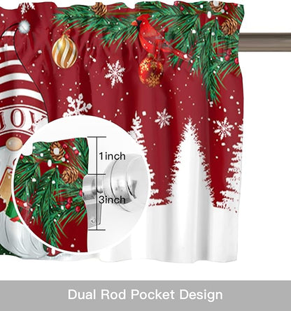 Christmas Gnomes Kitchen Curtains Valances for Windows Red Winter Holidays Rod Pocket Window Treatment for Kitchen /Living Room/Bedroom/ Bathroom,42" X 12" -1 Panel, White Snowflakes Xmas Trees