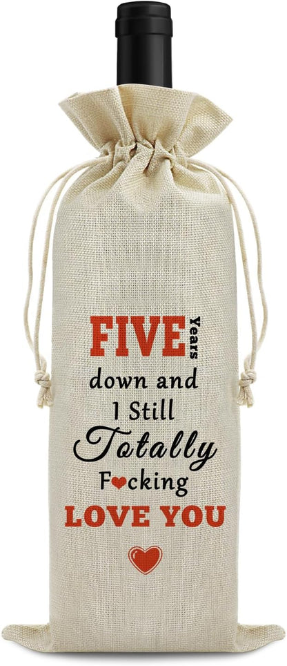 5th Anniversary Wedding Gift for Couple Wine Bag 5 Years of Marriage Gift for Women Men Drawstring Wine Wrapping Bag 5th Anniversary Keepsake Gift Birthday Christmas Valentine Gift Wine Bottle Bag