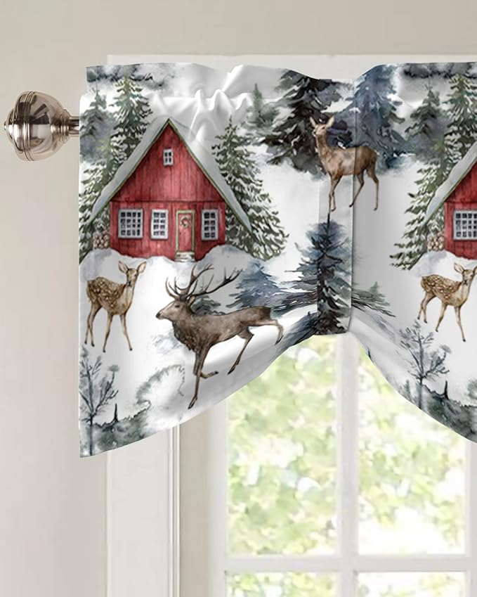 Christmas Blackout Tie Up Valance Curtains for Kitchen Windows Red Farmhouse Barn Window Toppers Balloon Shades for Living Room/Bathroom/Bedroom,1 Panel,54" X 18" Elk