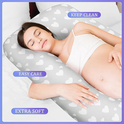 Floral Soft Pregnancy Pillow Cover (ONLY Pillowcase), U Shaped Luxurious Velvet Maternity Pillow Cover with Hidden Zip, Warm Large Pillow Protector for Side Sleeper, Grey, 58x32 in