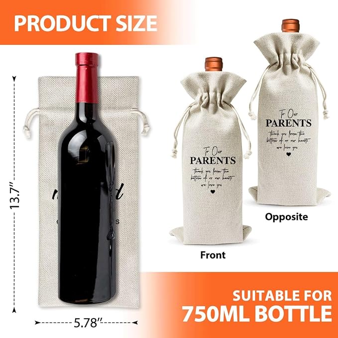 Wine Gift Bag For Our Parents, Wedding Or Engagement Party Decorations, Drawstring Burlap Wine Bottle Bags, Gift for Parents, Thank You Our Parents