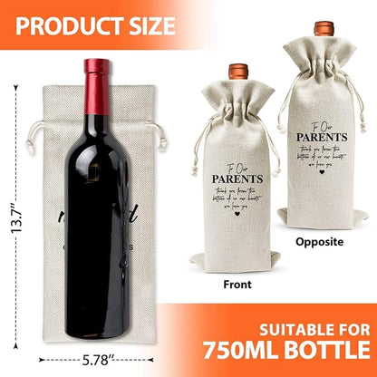 Wine Gift Bag For Our Parents, Wedding Or Engagement Party Decorations, Drawstring Burlap Wine Bottle Bags, Gift for Parents, Thank You Our Parents