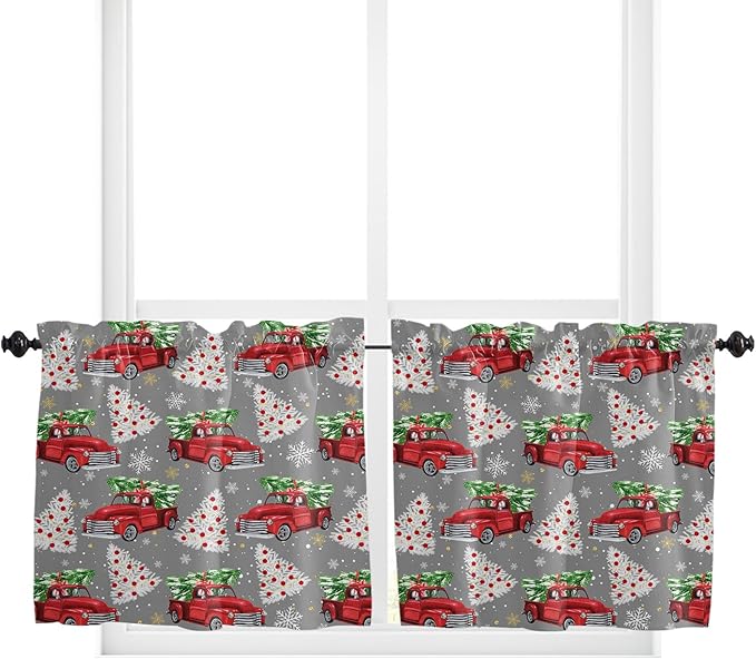Red Truck Christmas Kitchen Curtains and Valances Set, Merry Christmas Tree Windows Treatments Tiers Half/Short Curtains for Small Windows Cafe /Living Room/ Bedroom 54x24 in Winter Snowflake Grey