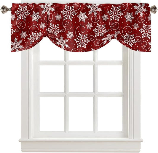 Christmas Blackout Tie Up Valance Curtains for Kitchen Windows Red White Snowflakes Pattern Window Toppers Balloon Shades for Living Room/Bathroom/Bedroom,1 Panel, 42" X 12", Winter